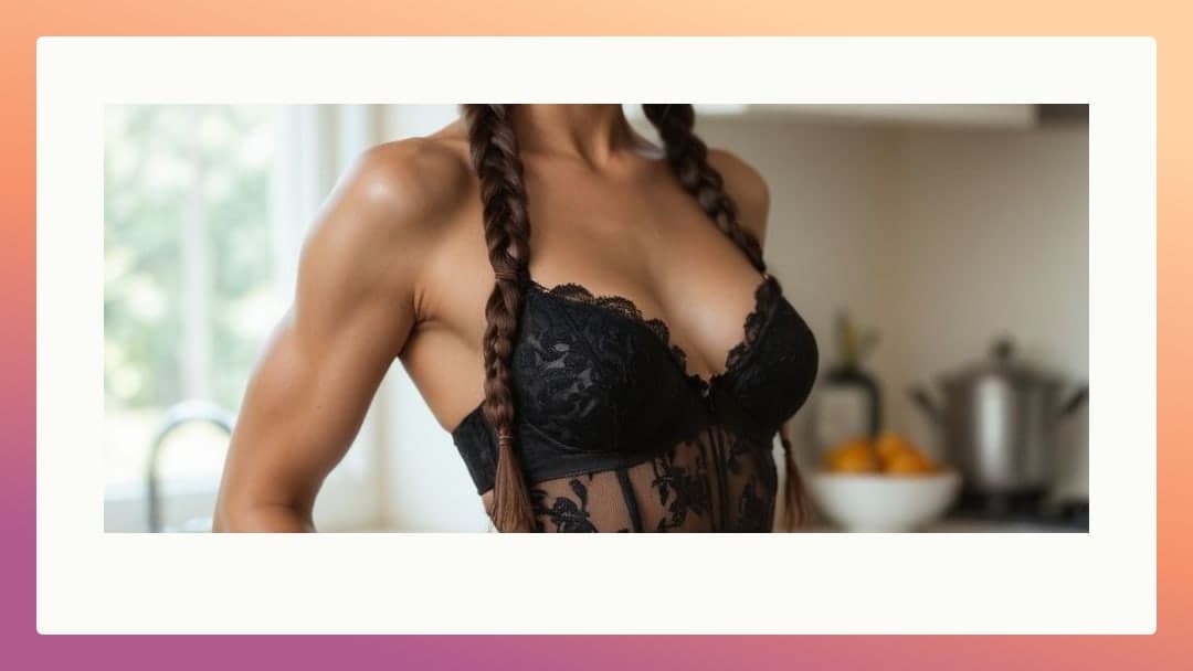 Athletic ebony in sheer lace lingerie