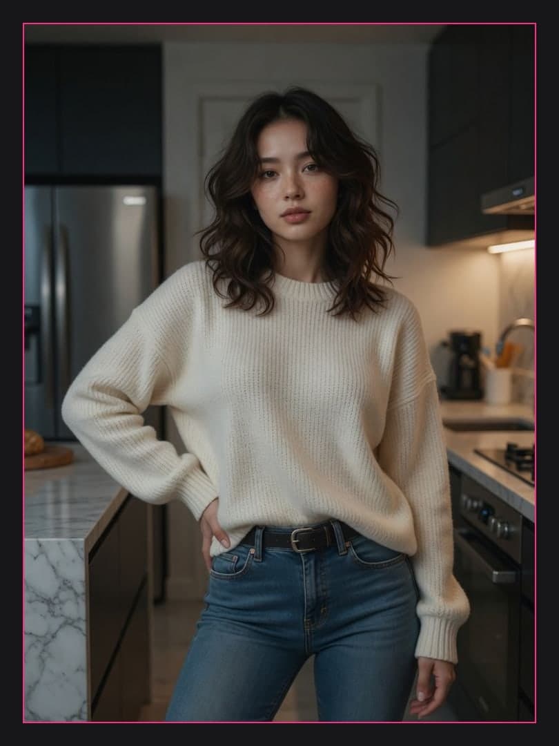 Asian woman in kitchen full body