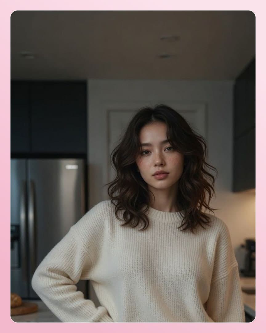 Cream sweater kitchen portrait