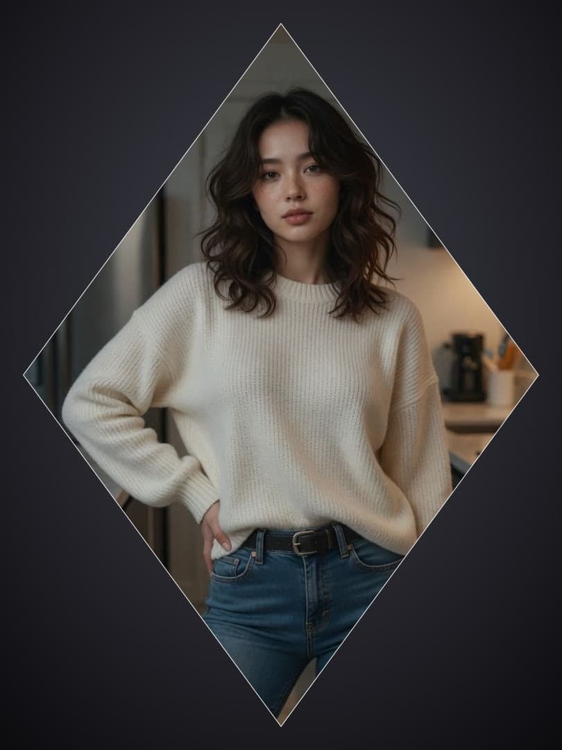 Asian in kitchen wearing sweater