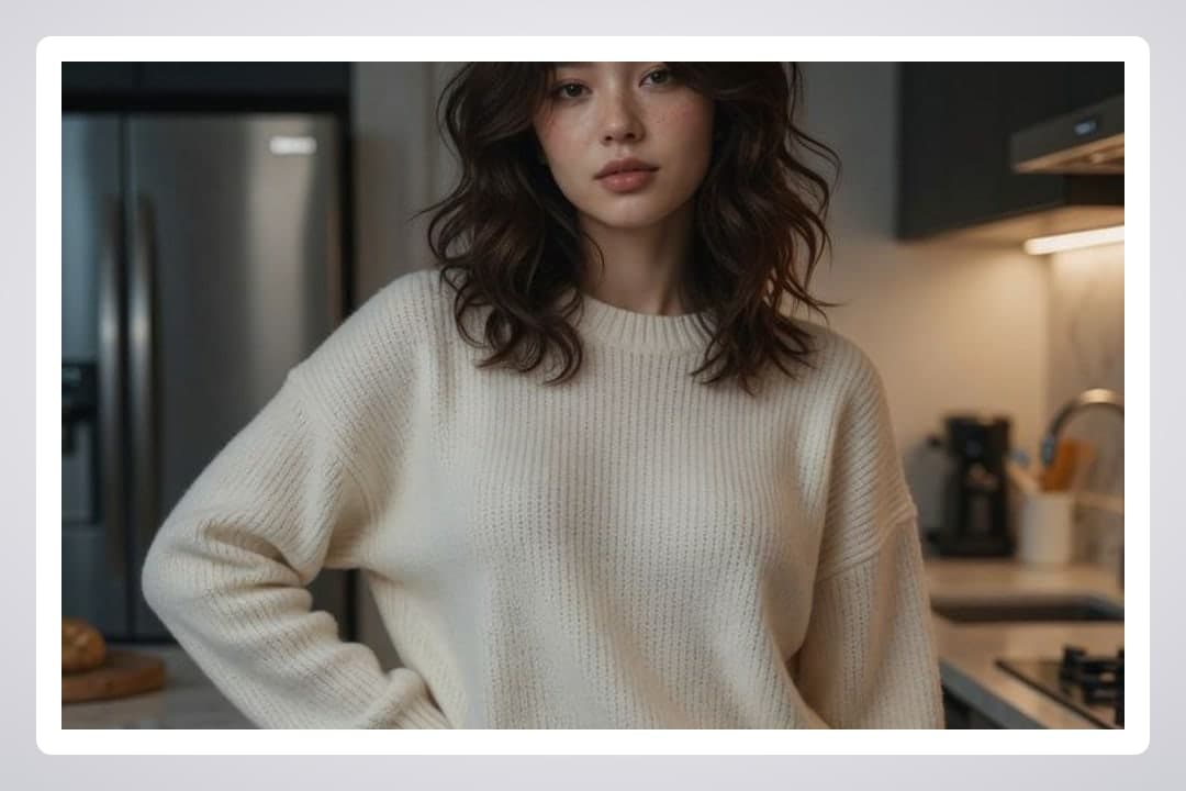 Cream sweater kitchen portrait