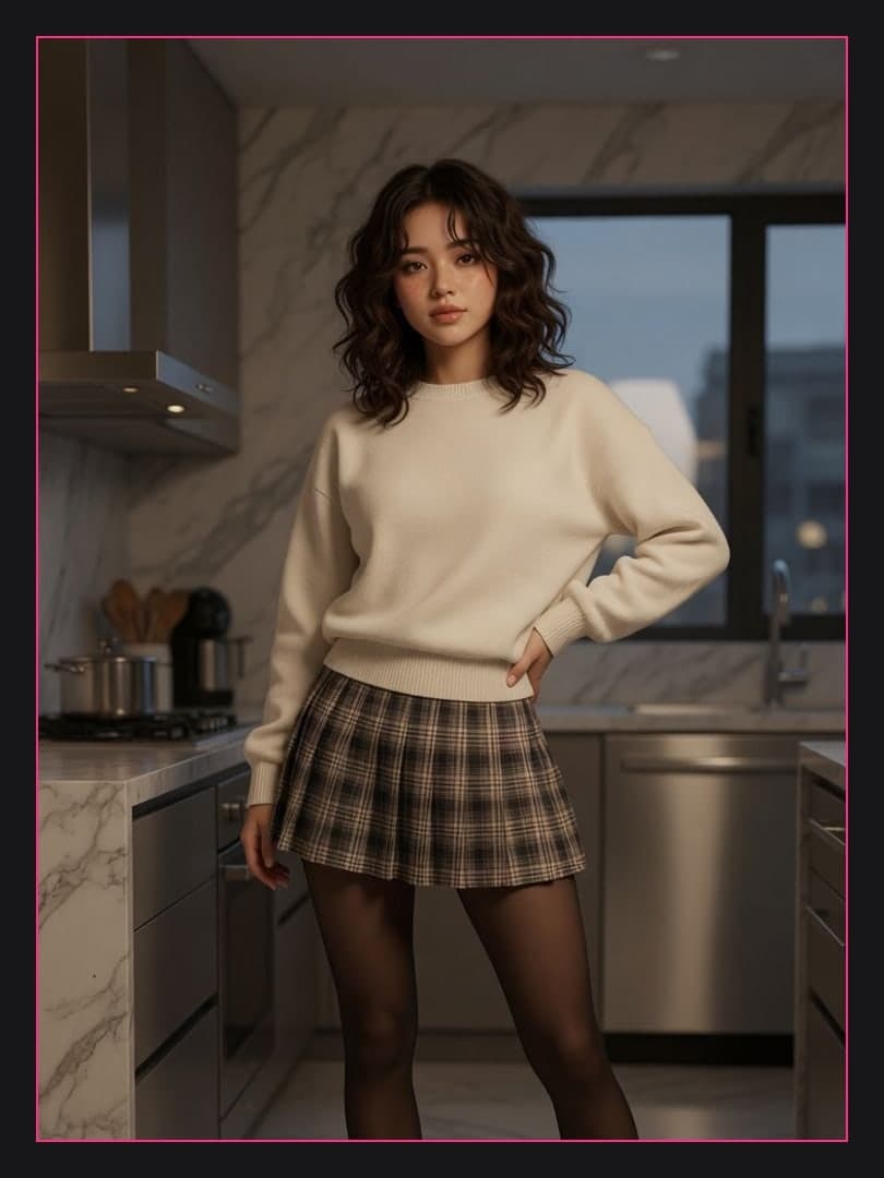 Asian in plaid skirt kitchen pose