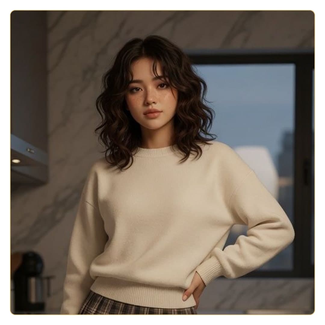 Wavy brunette kitchen close-up