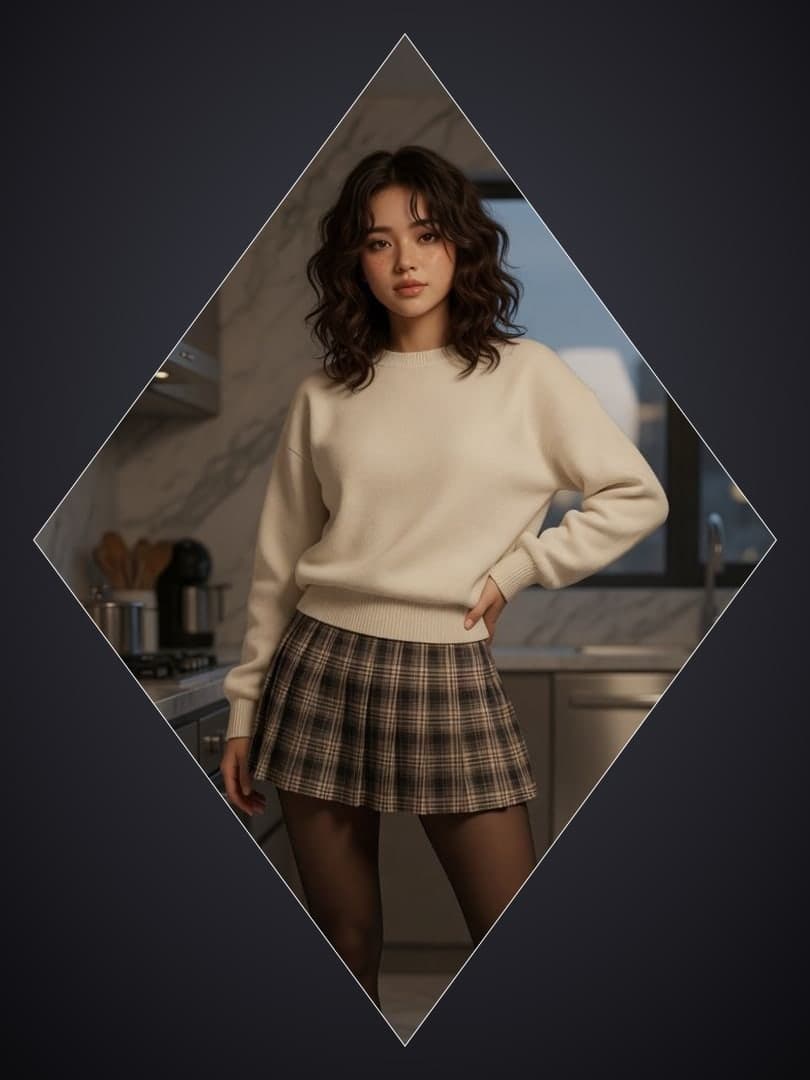 Brunette in plaid skirt kitchen pose