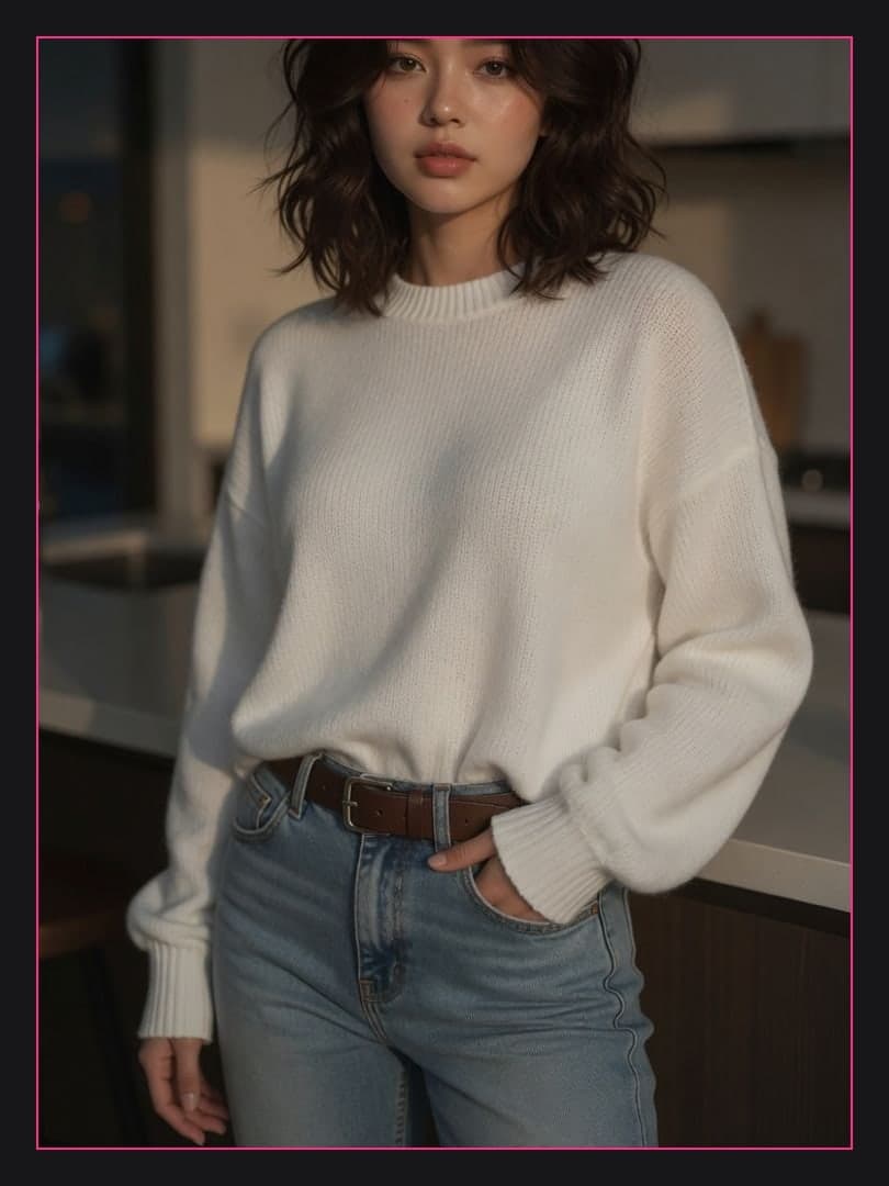 College Asian in kitchen jeans