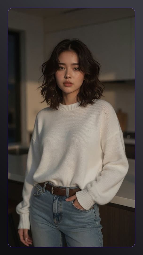 Asian in kitchen sweater jeans