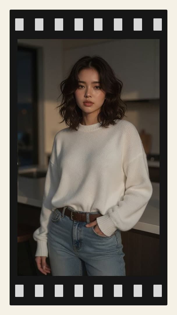 Casual kitchen sweater jeans portrait