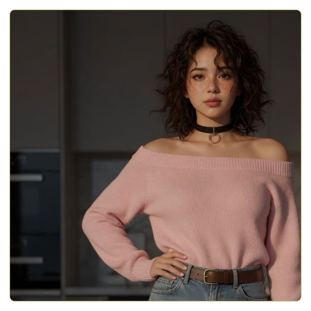 Off-shoulder sweater close-up portrait