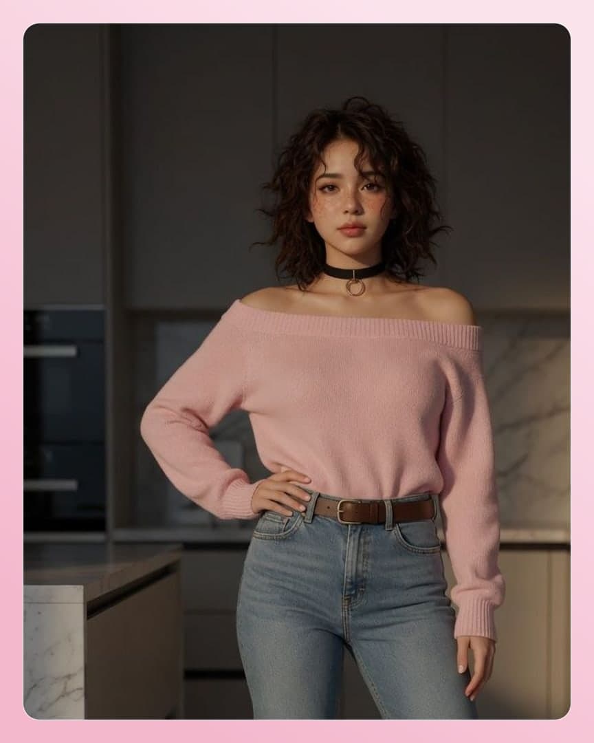 Off-shoulder pink sweater kitchen pose