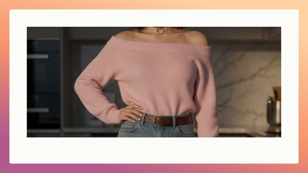Brunette wavy hair pink sweater kitchen