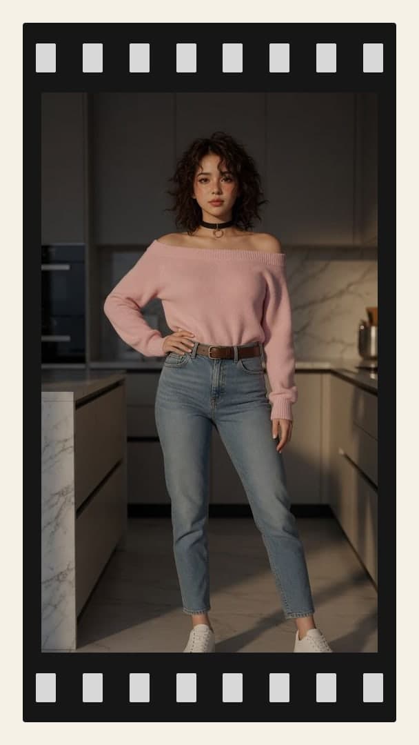 Slim brunette in kitchen pose