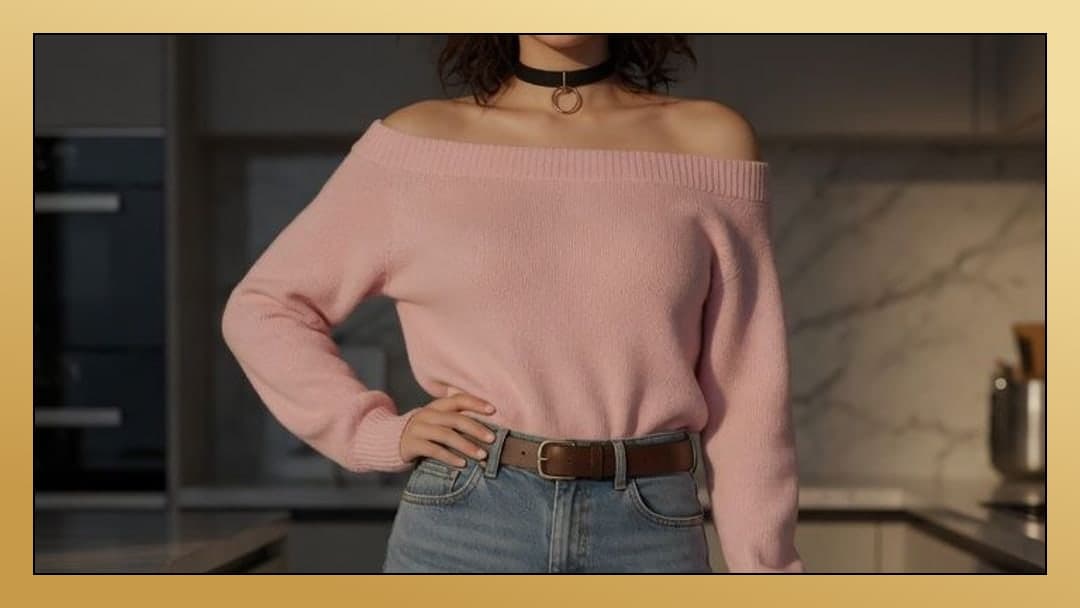 Kitchen pink sweater daylight pose