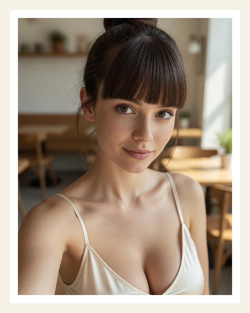 Brunette cafe selfie with cleavage