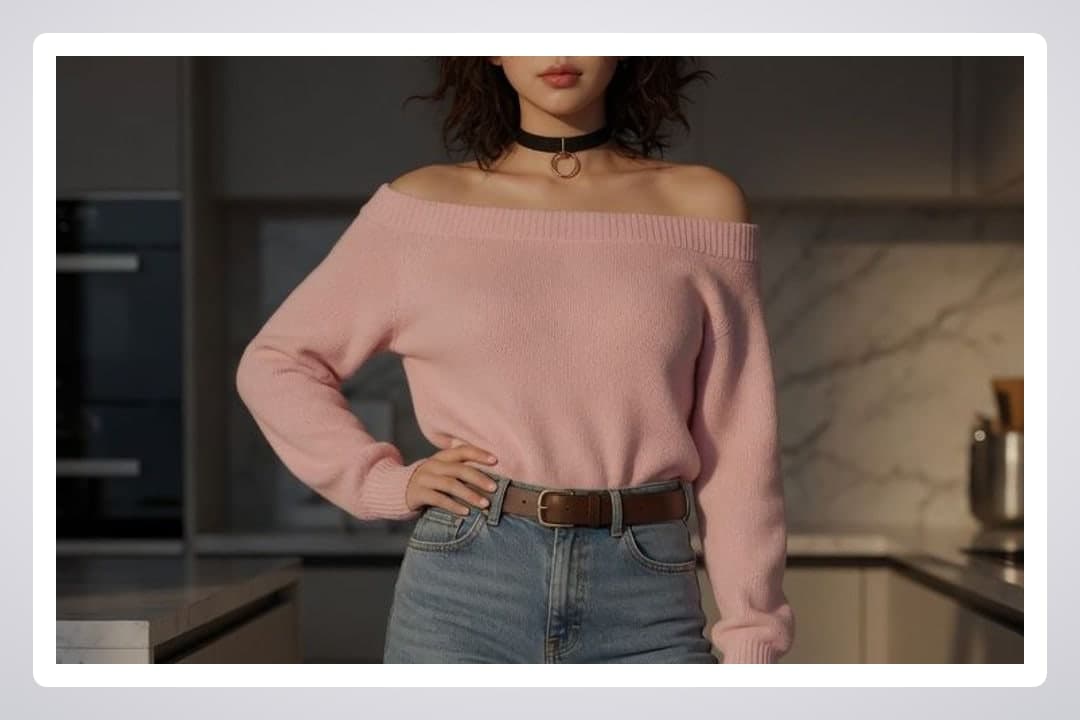 Off-shoulder sweater kitchen portrait