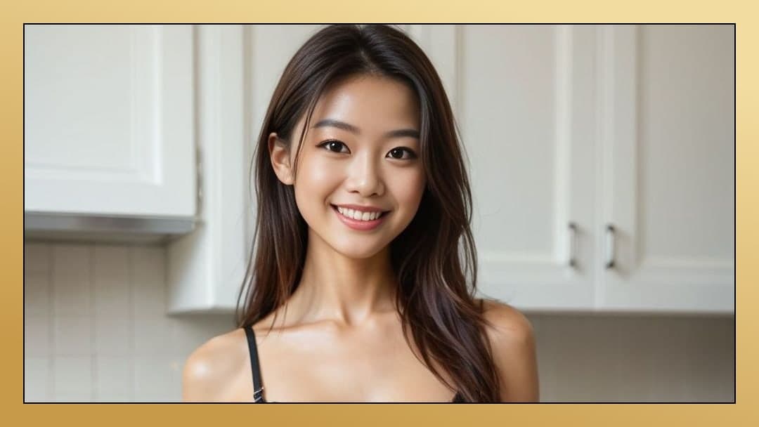 Long dark hair kitchen portrait