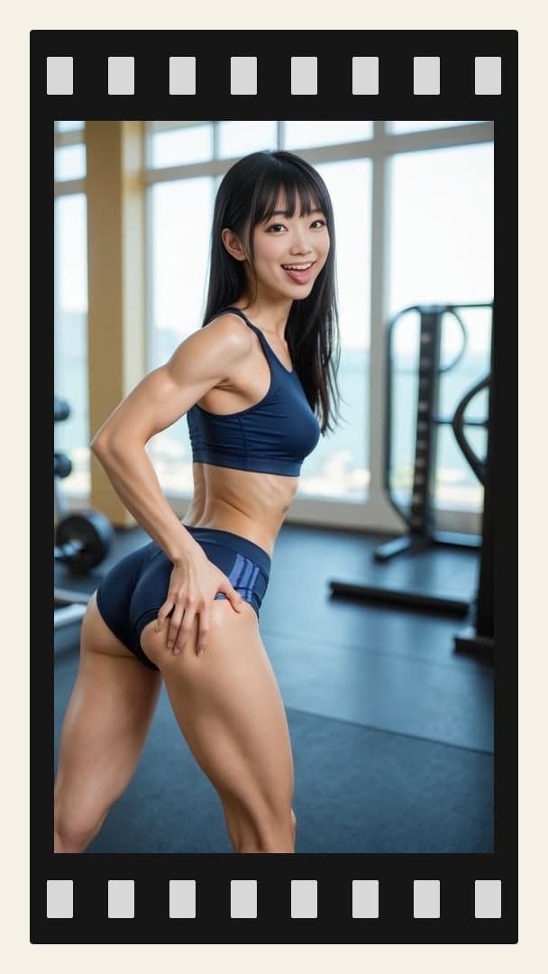 College Asian gym pose in shorts