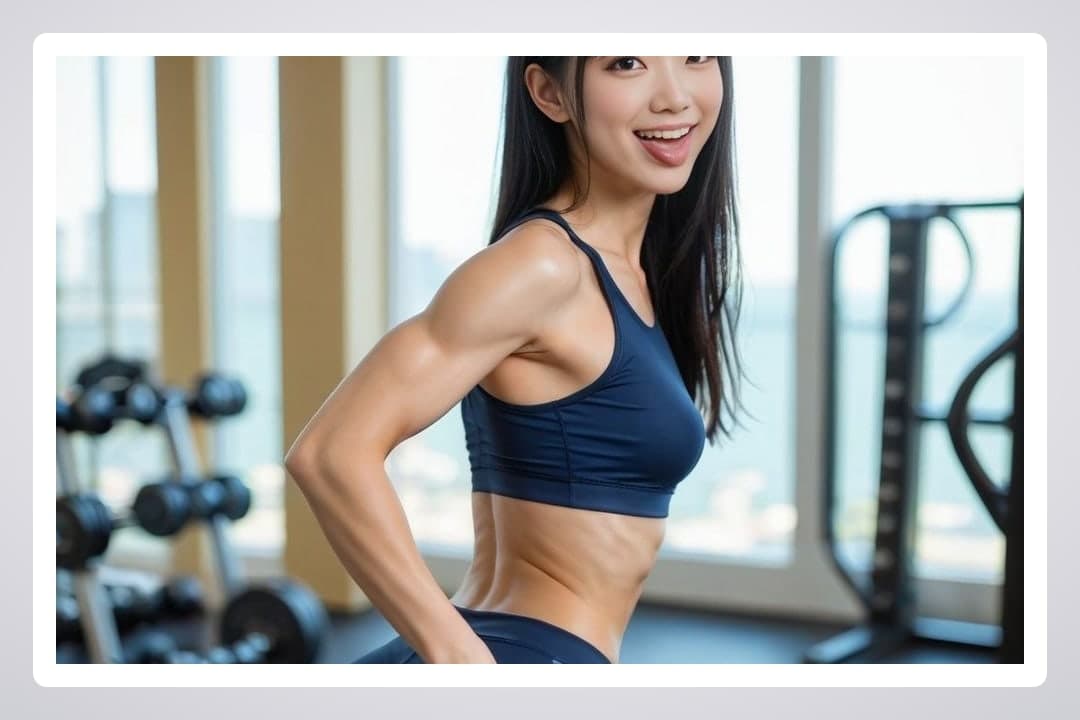 Gym tongue out over shoulder