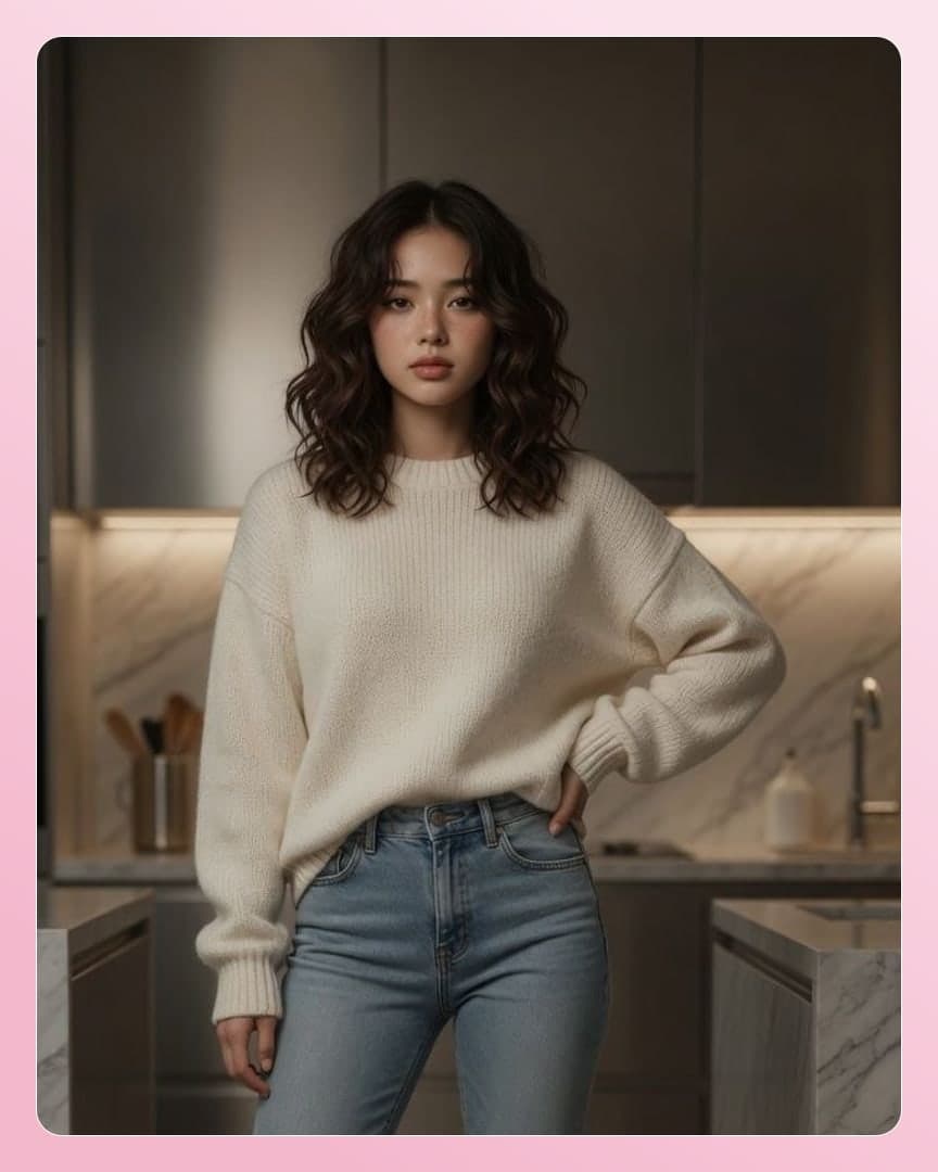Brunette wavy hair kitchen portrait