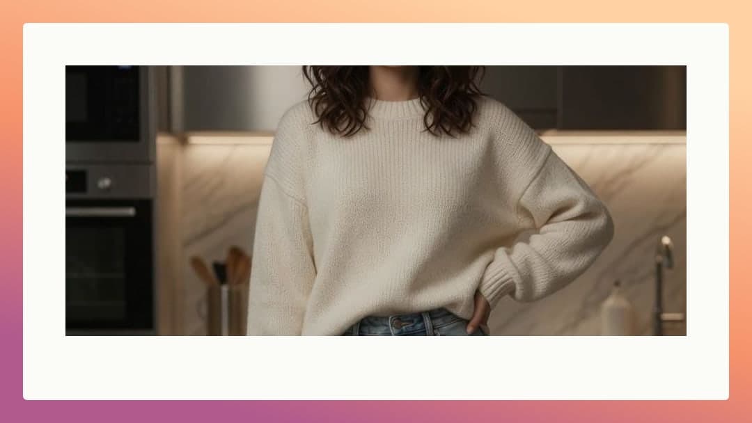 Slim curves in cream sweater kitchen