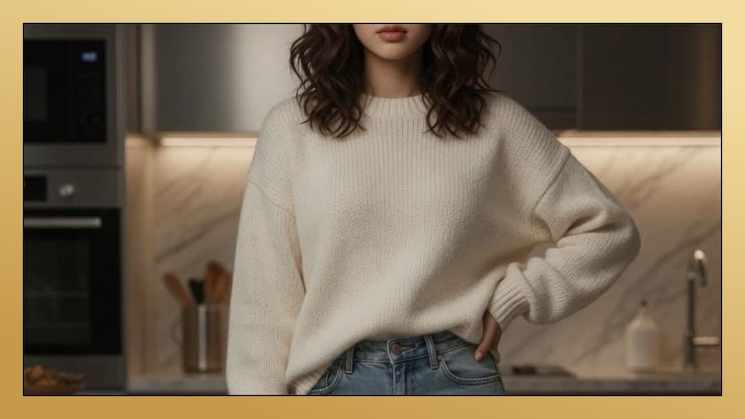 Young adult in kitchen sweater