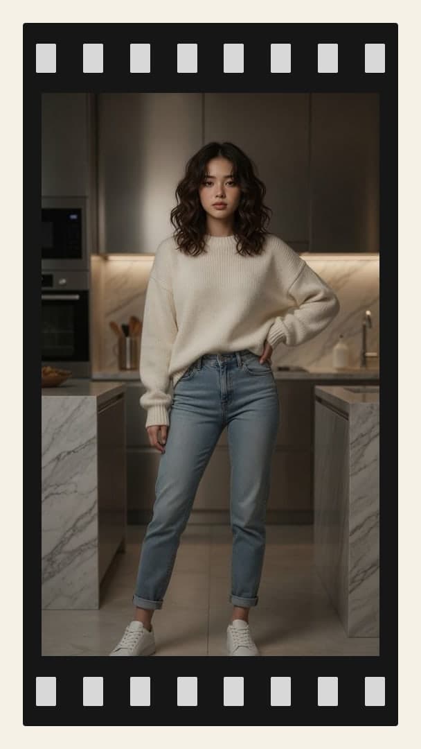 Asian woman casual kitchen full body