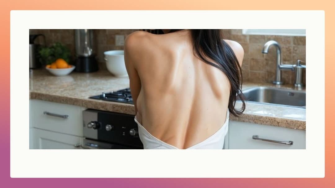 Raven hair topless in kitchen