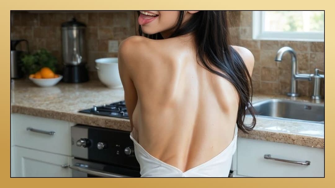 Topless Asian in bright kitchen