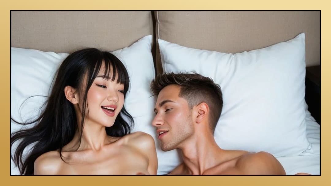 Topless Asian talks in bed