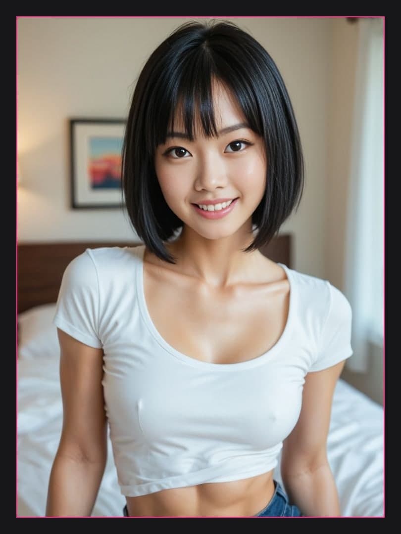 Short black bob bedroom smile