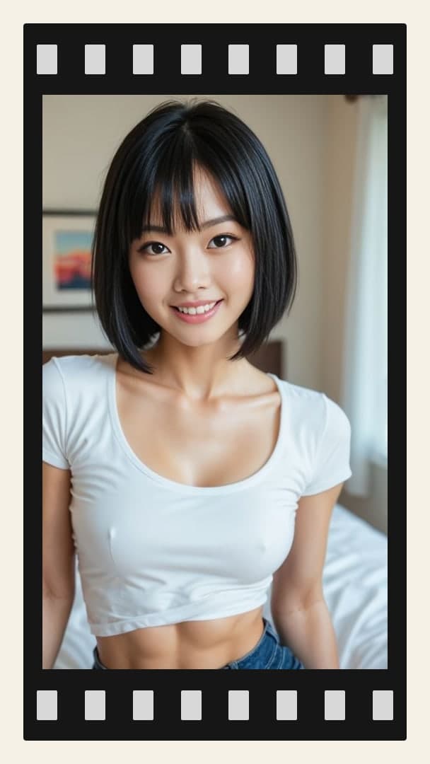Curvy Asian in crop top bedroom