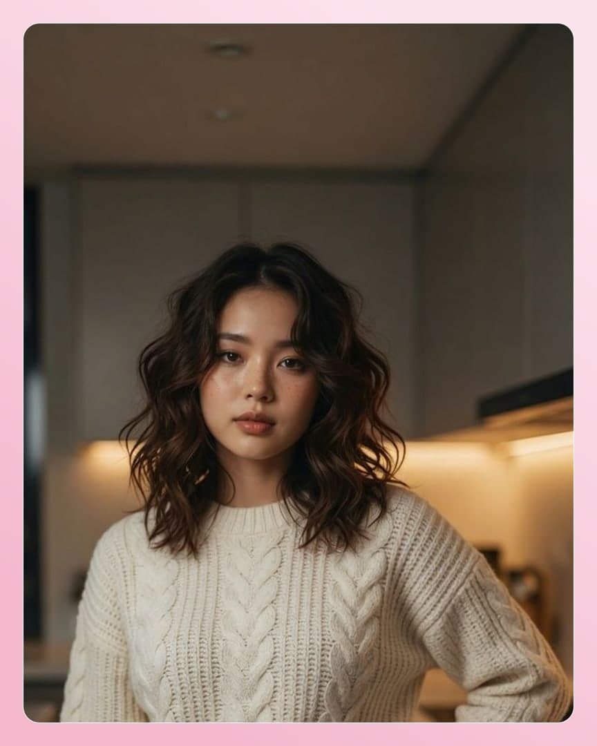 Slim Asian in cream sweater kitchen