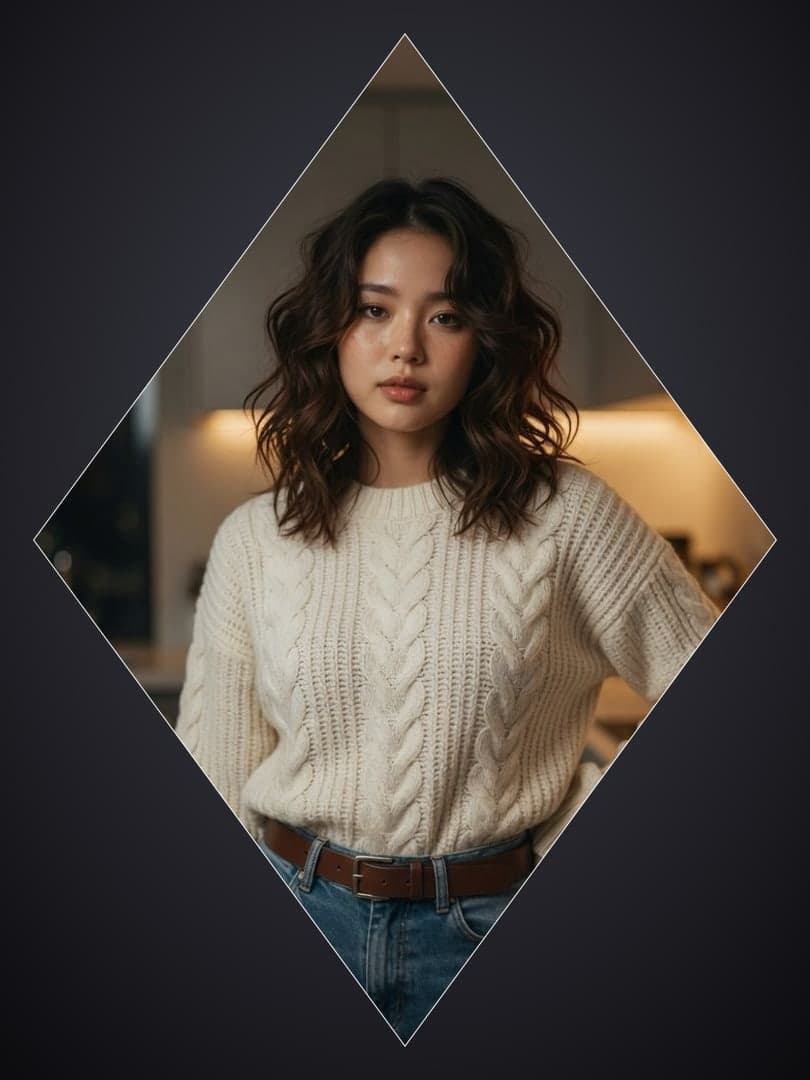 Slim body in cream sweater kitchen