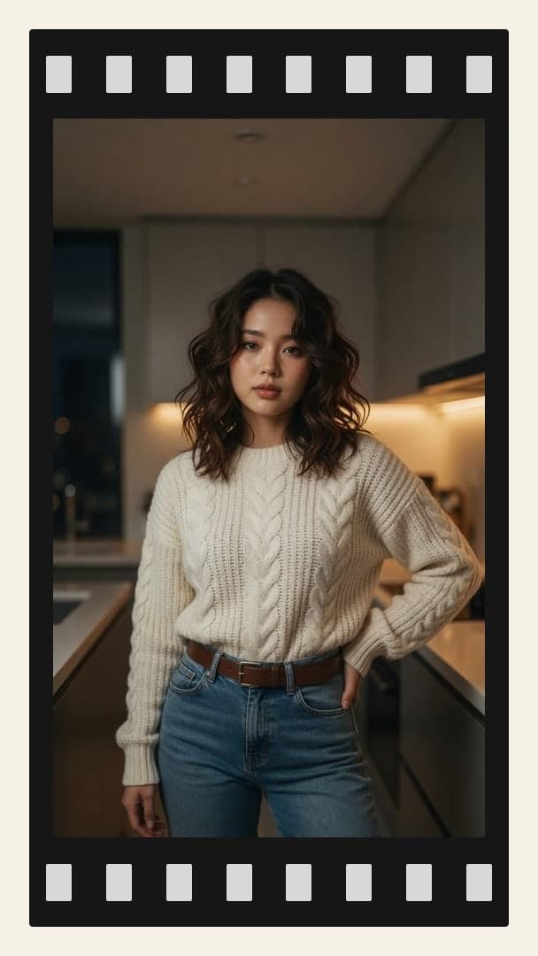 Asian in cream sweater kitchen pose