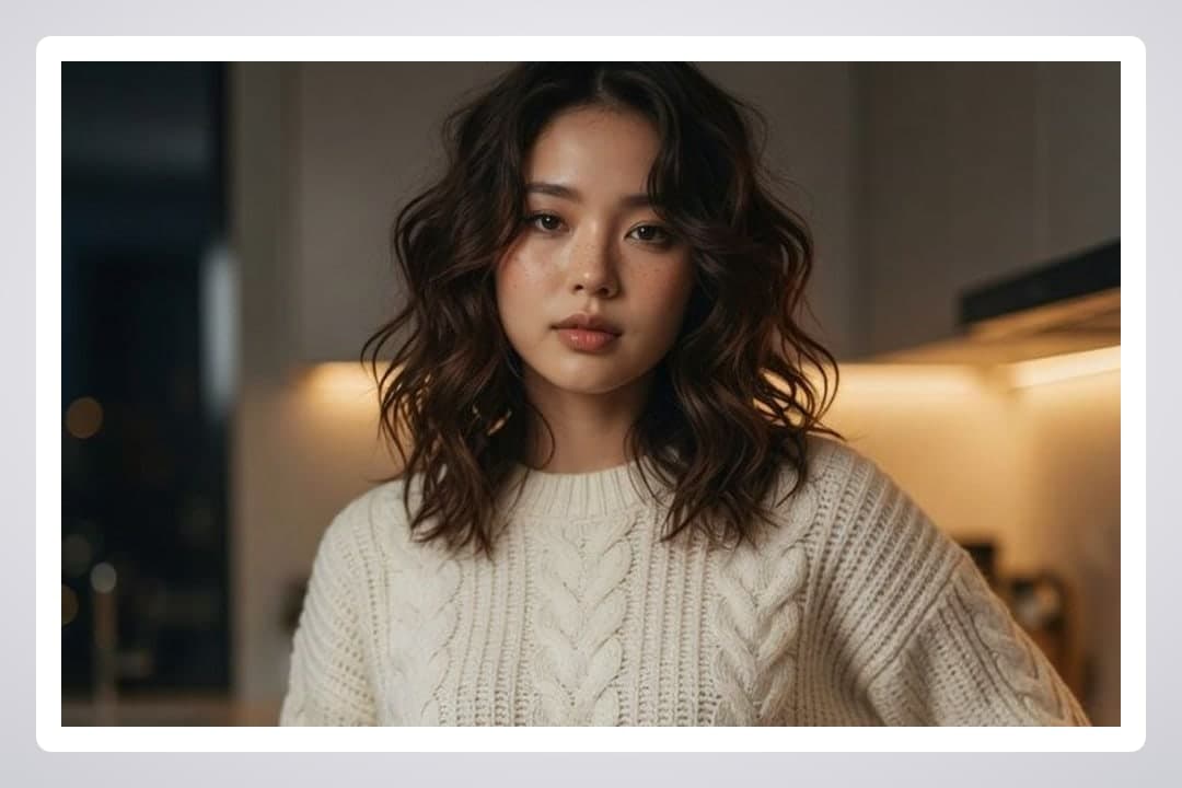 Asian in cable knit kitchen close-up