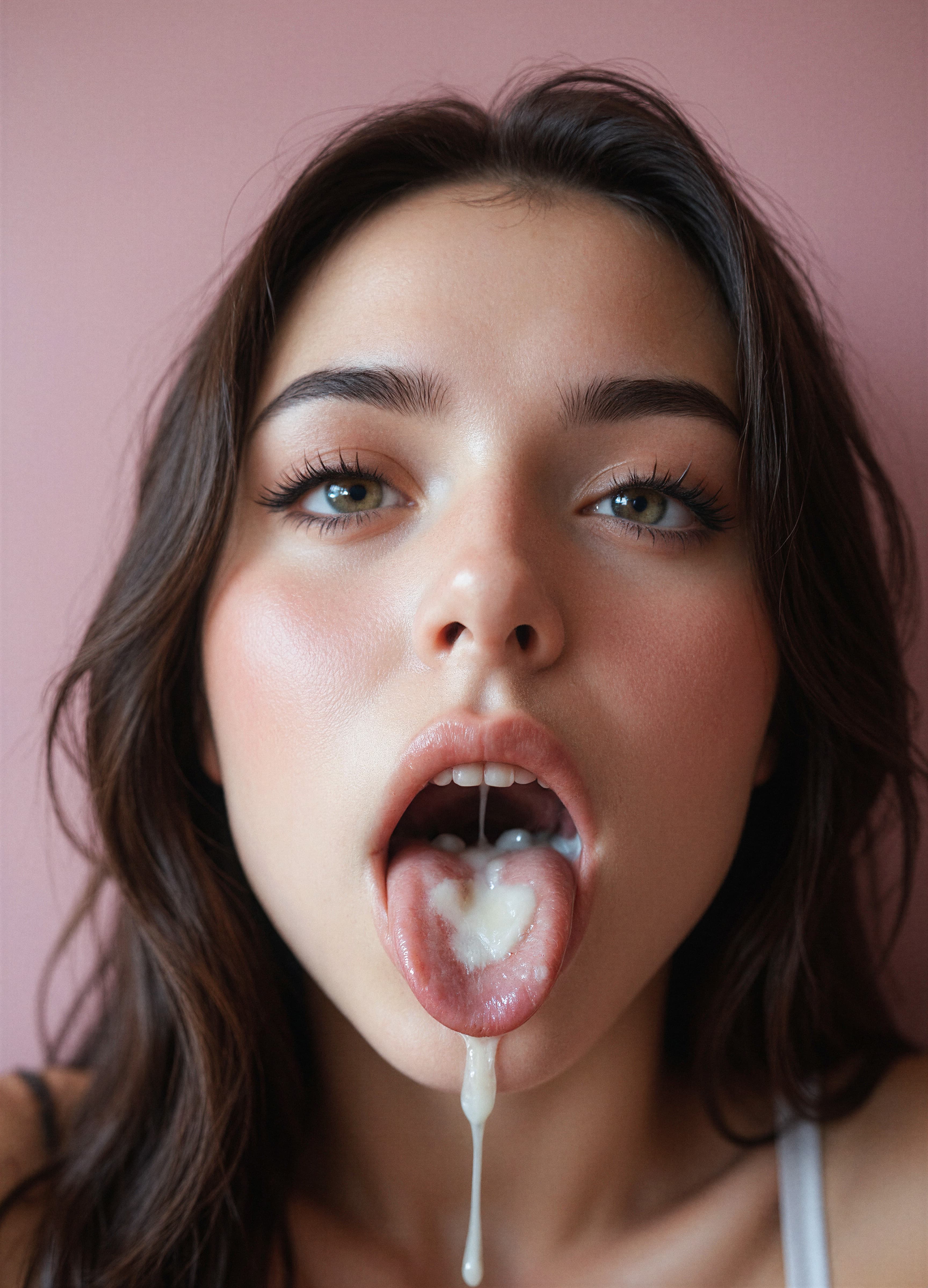 Close-Up POV: Tongue Extended with Glossy Drip on Pink Backdrop