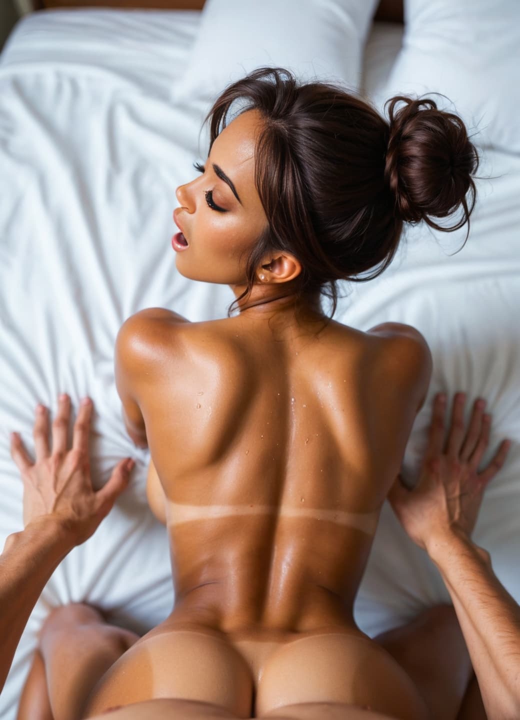 Naked athletic brunette in messy bun doggystyle on bed