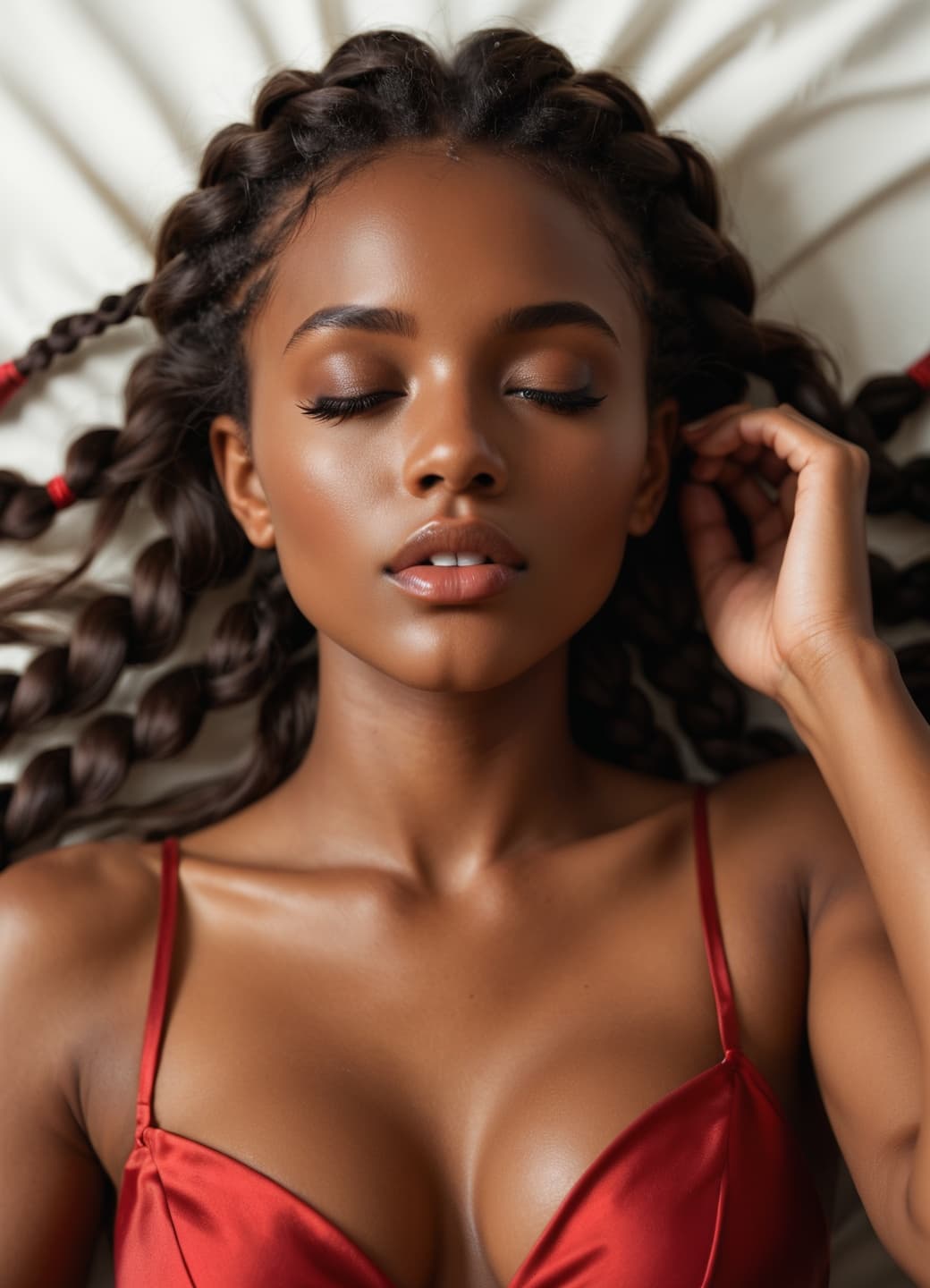Nia in red satin camisole