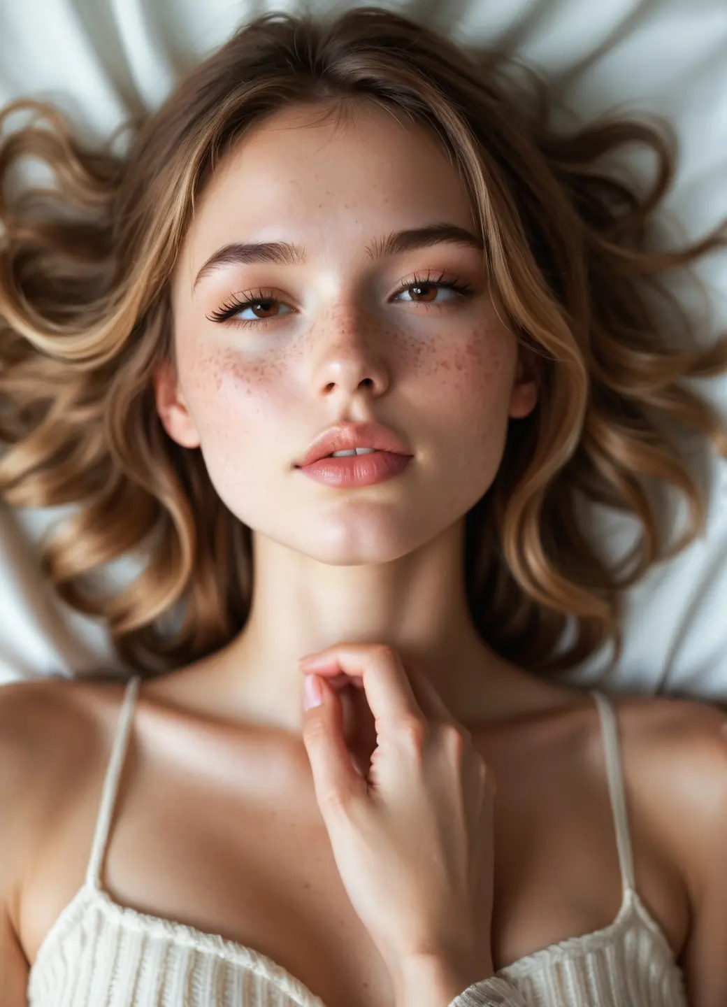 Ellie in cream camisole on white sheets