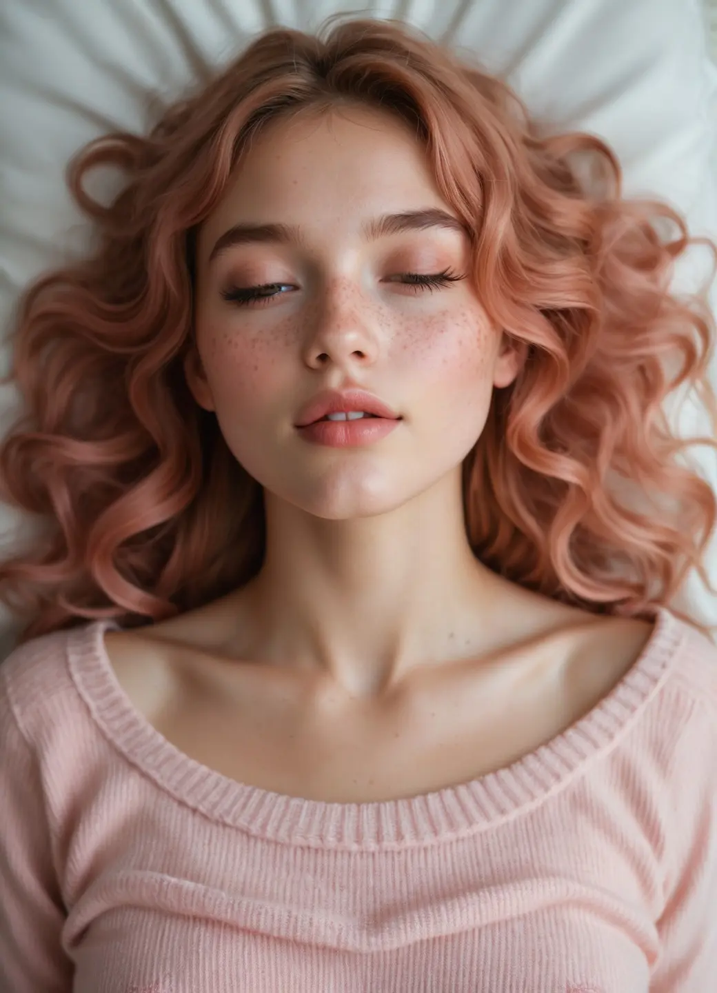 Tessa in a soft pink sweater on white bedding