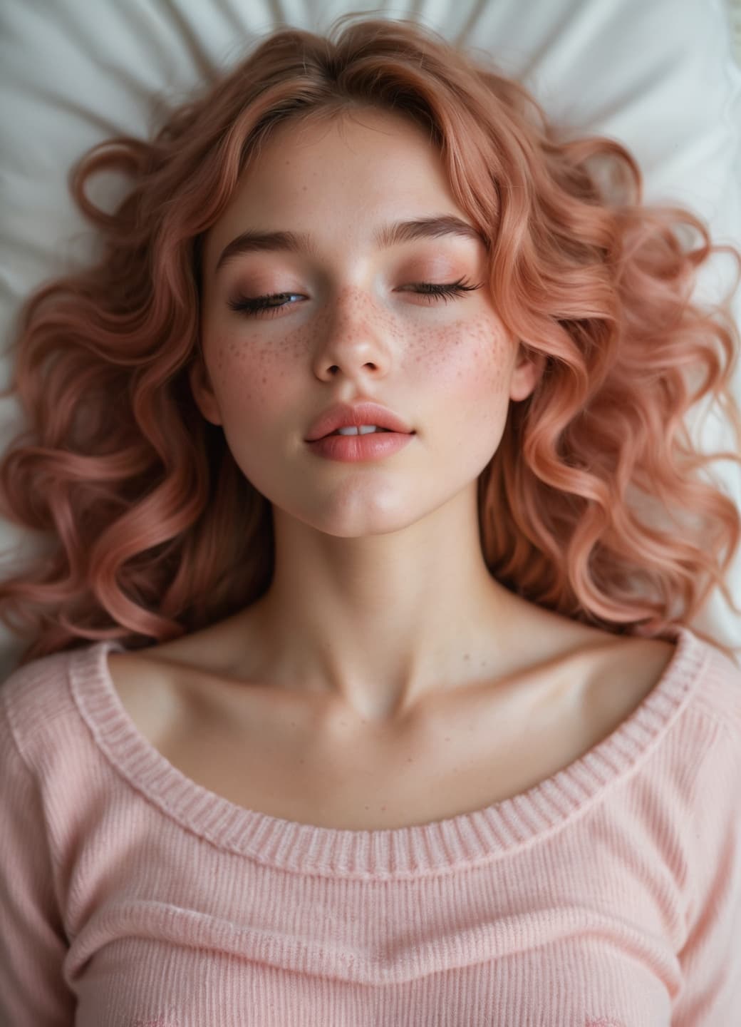 Tessa in a pink off-shoulder sweater