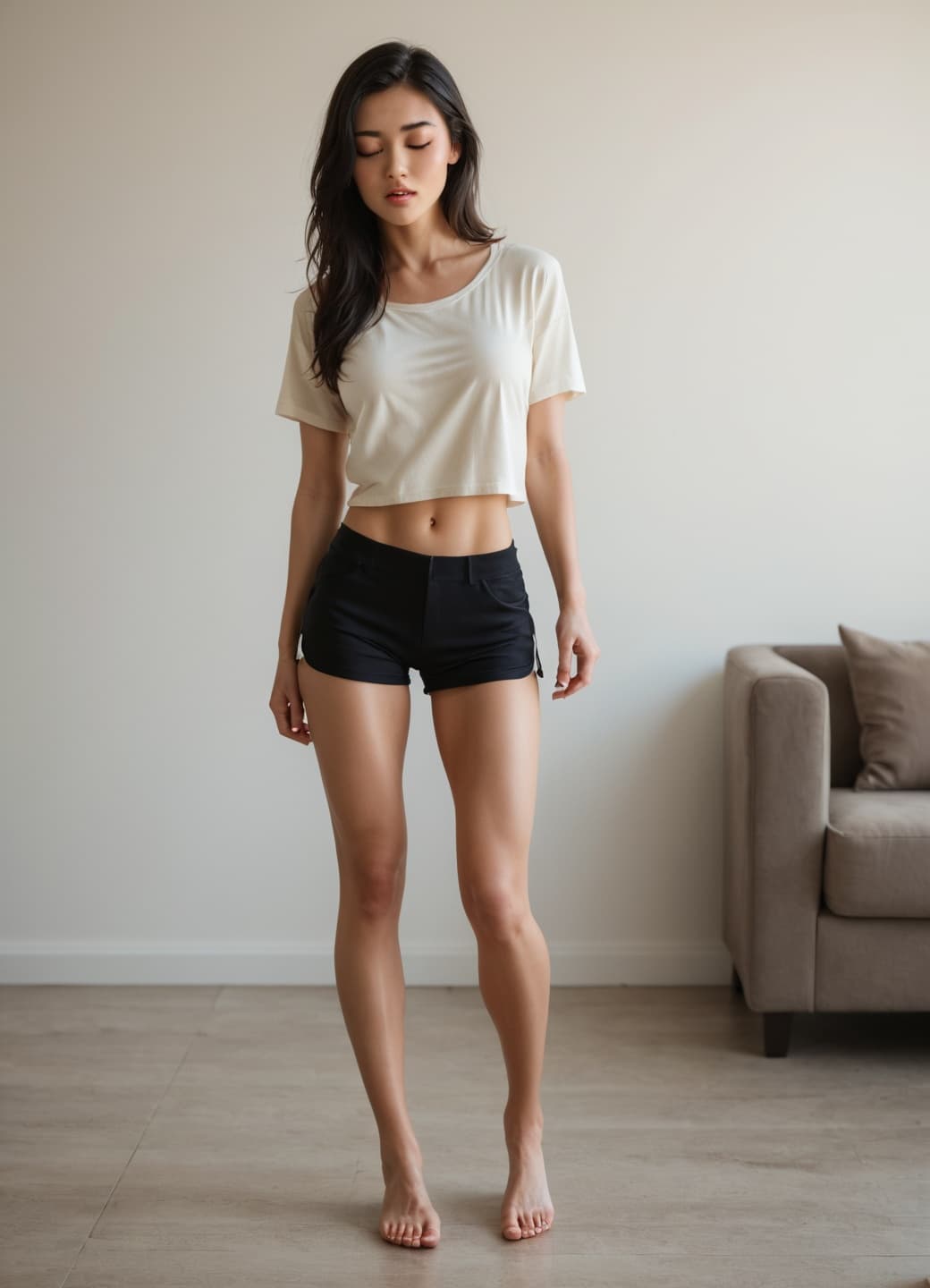 Rin in cream crop top and black shorts