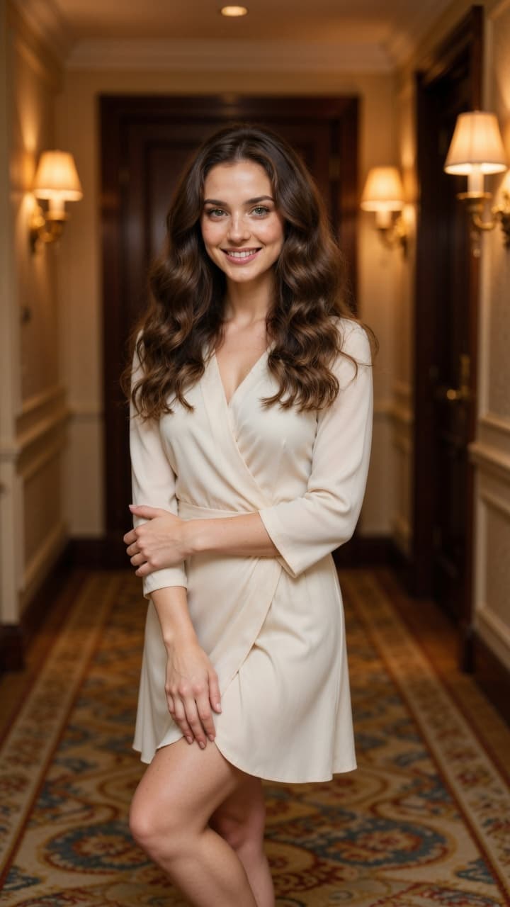 Cream wrap dress in hotel hallway