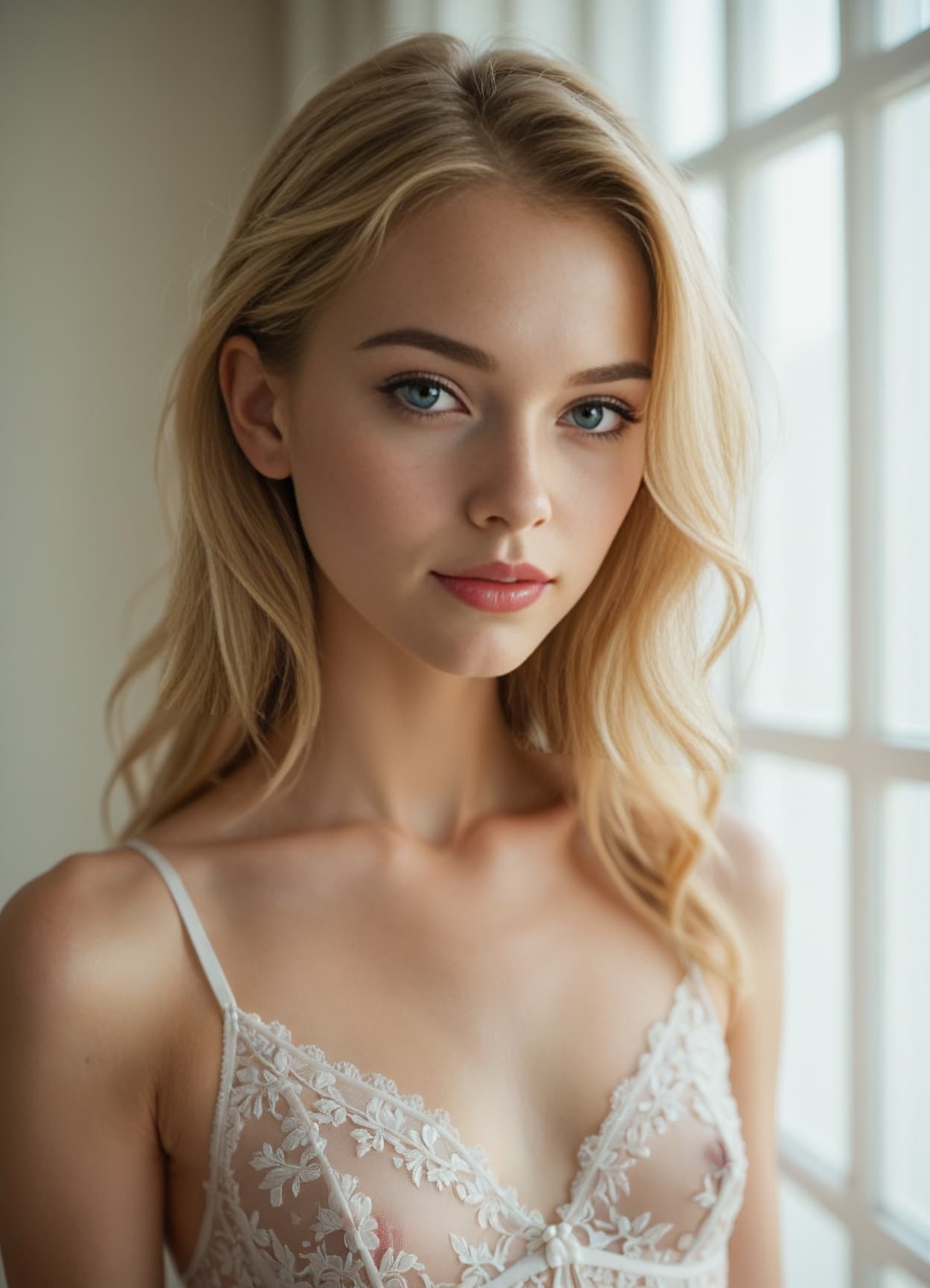 Blonde in sheer lace bra close-up