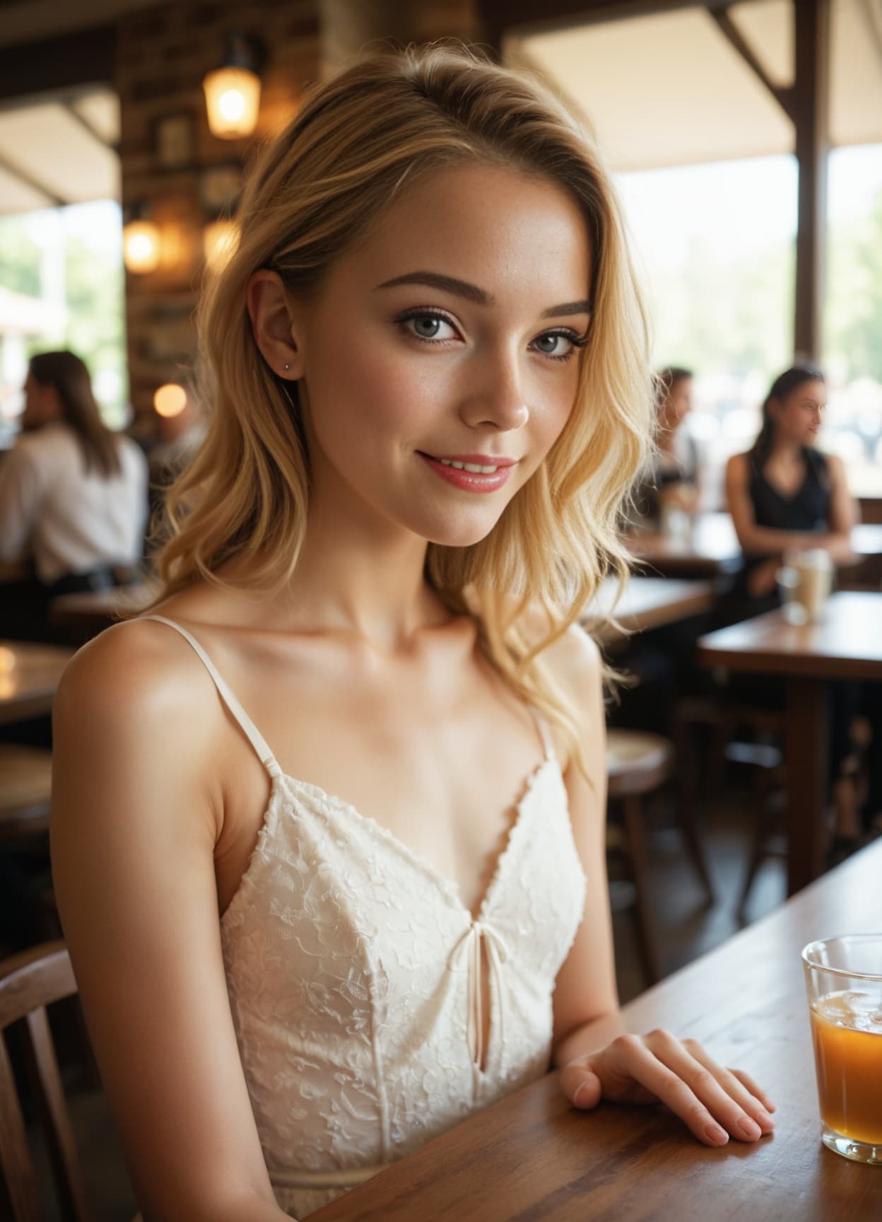 Young adult blonde cafe selfie