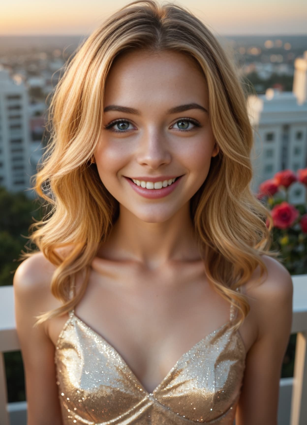 Blonde balcony selfie at sunset