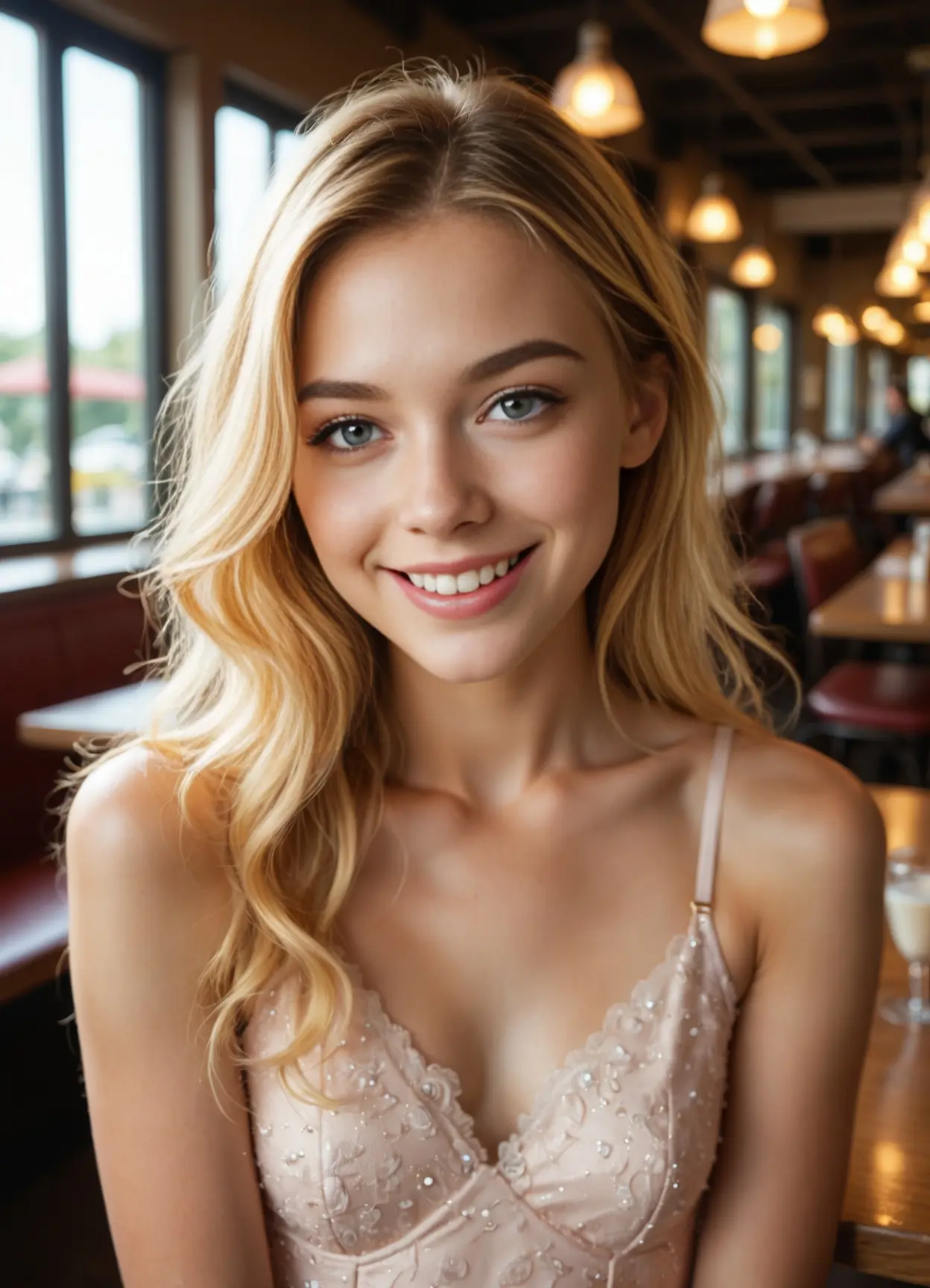 Young adult blonde cafe smile