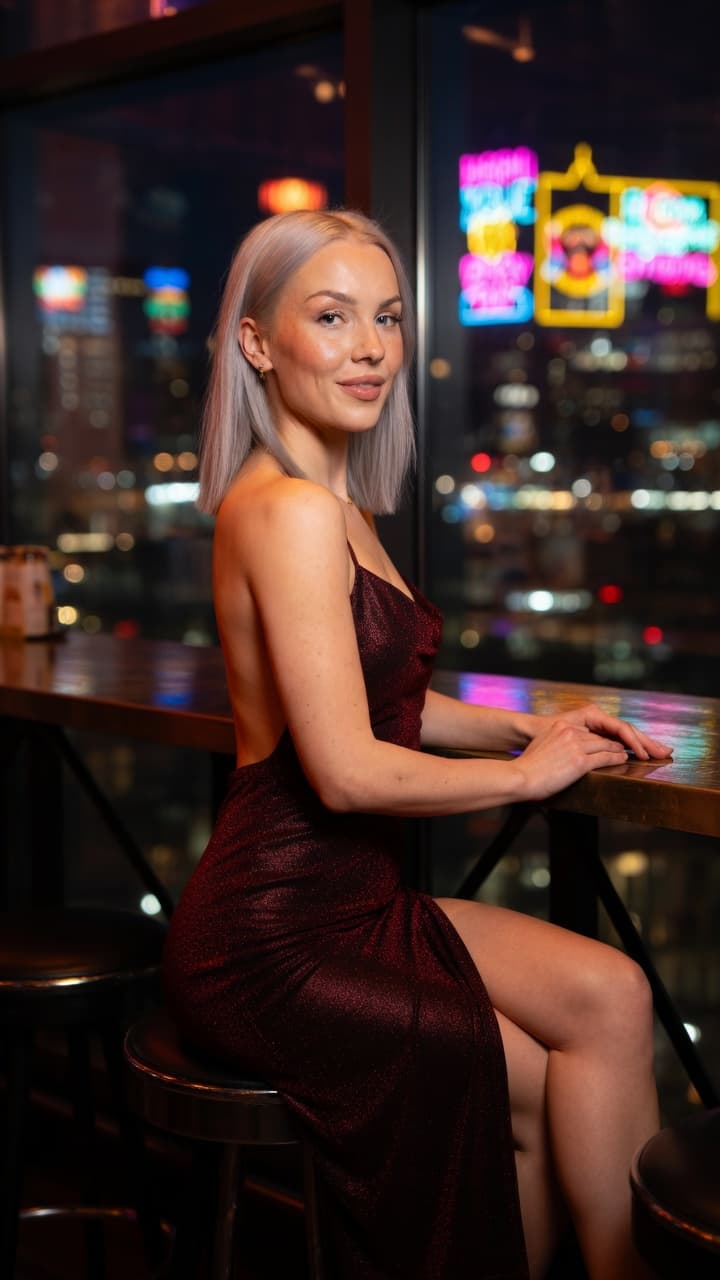 Blonde in backless burgundy dress at bar