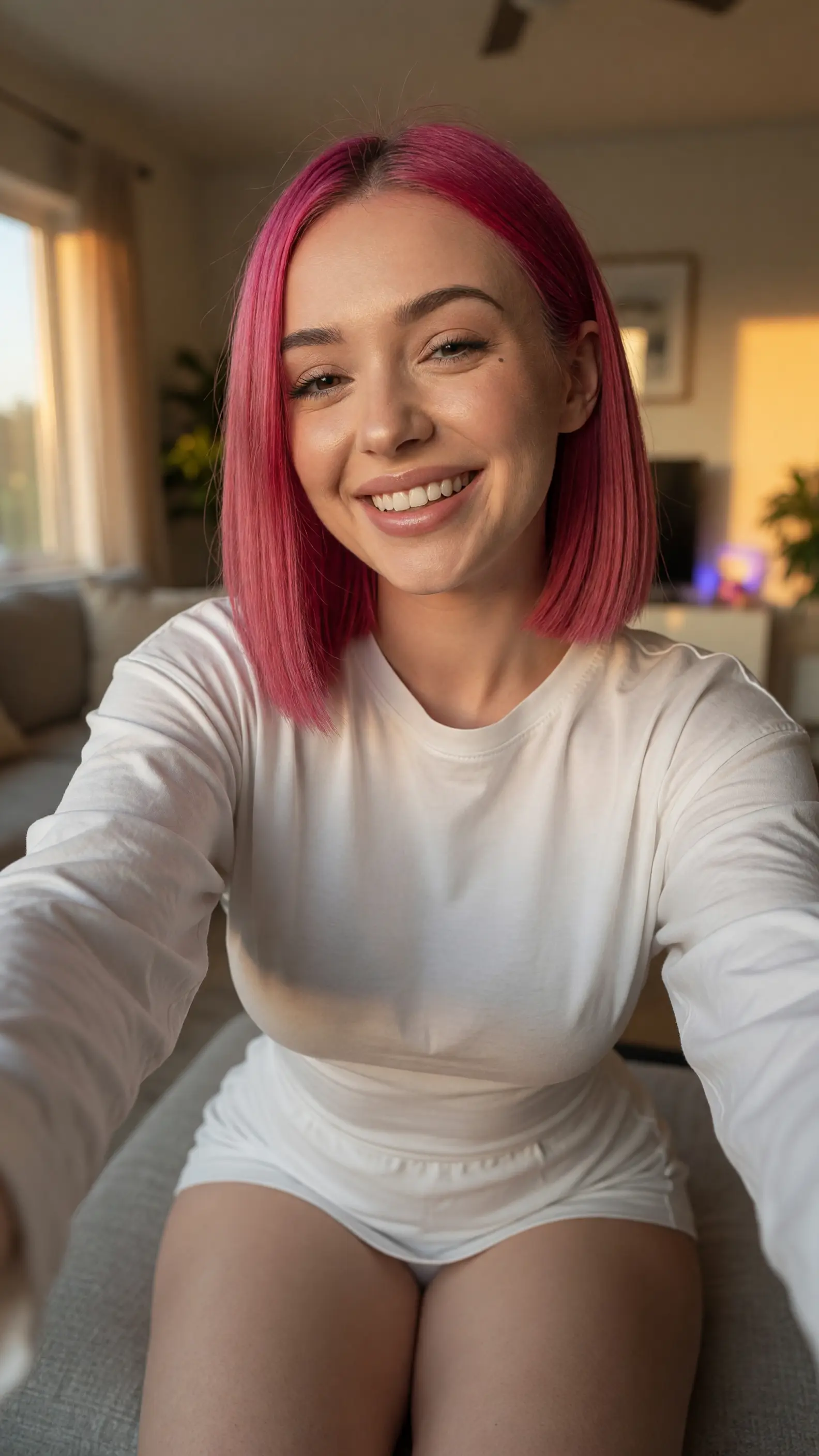 Pink bob selfie on gray couch