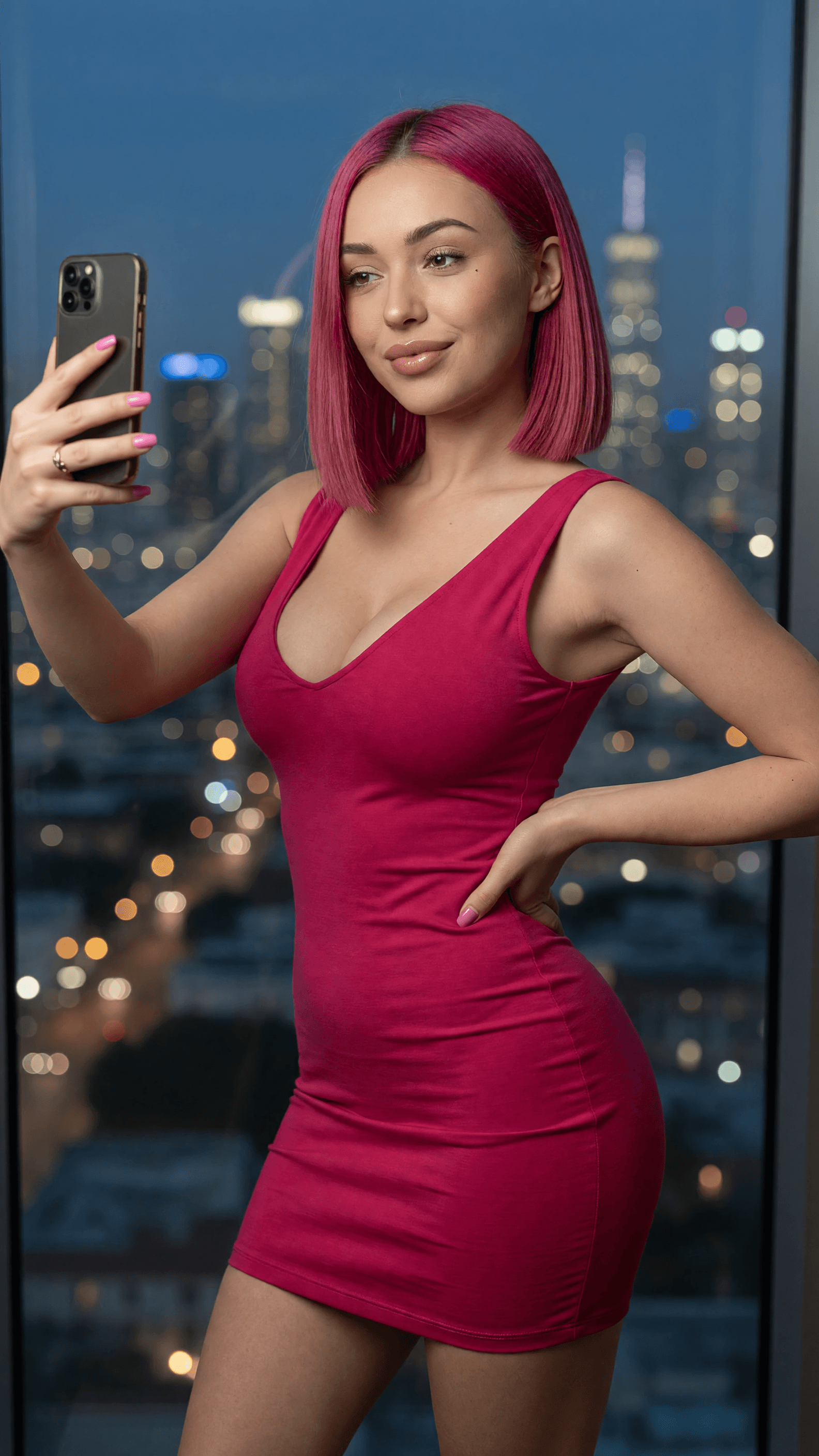 Curvy pink bob in deep-V mini