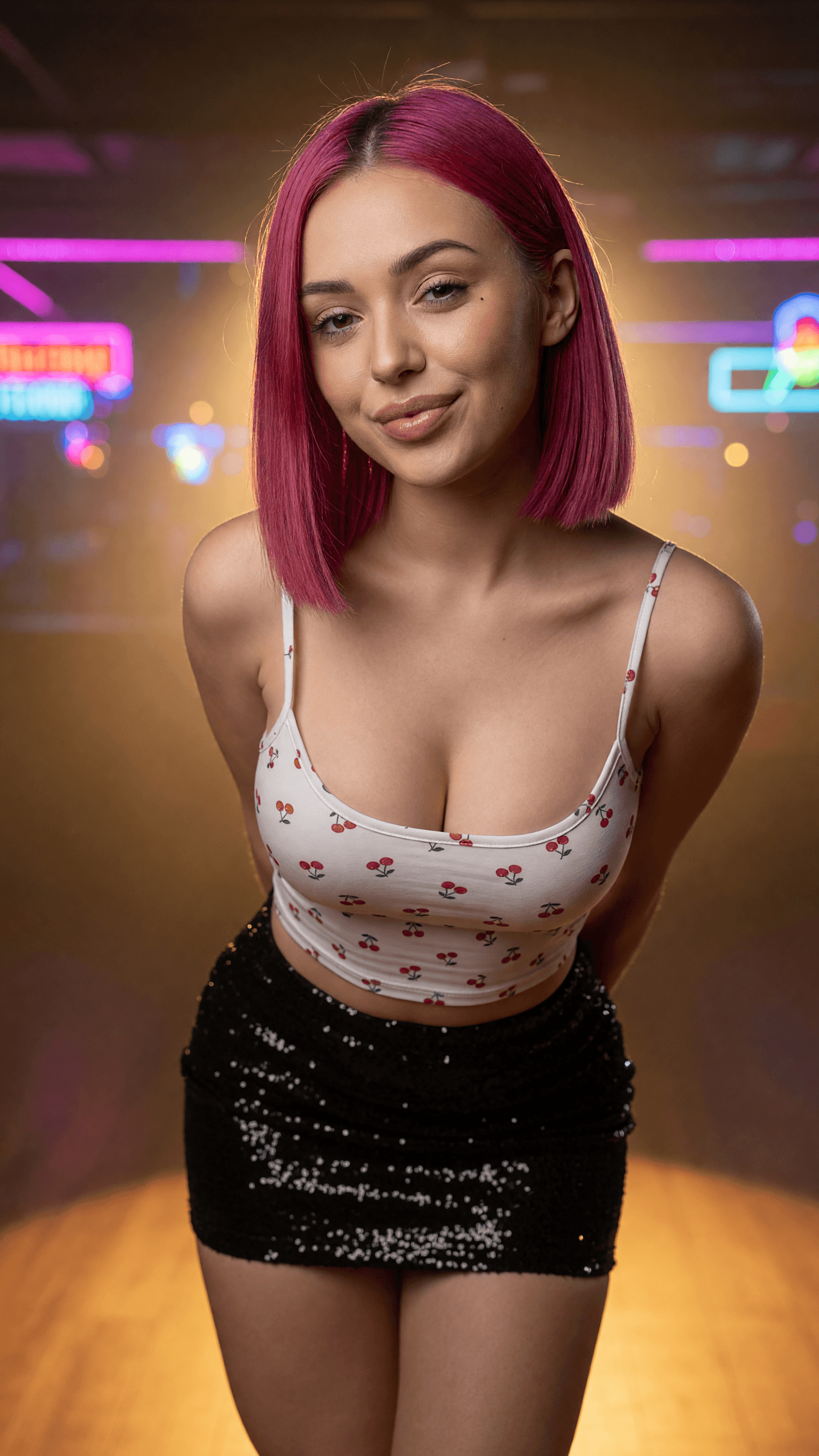 Low angle crop top cleavage